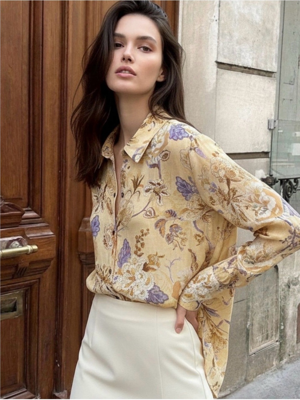Womens Floral Button-Down Shirt in Mustard Yellow
